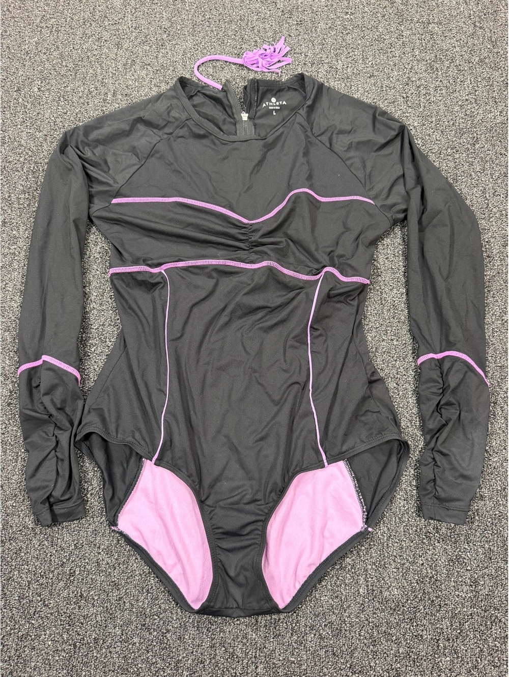 Athleta Ariel rash guard Long Sleeve Black and Purple One Piece Swimsuit Size L